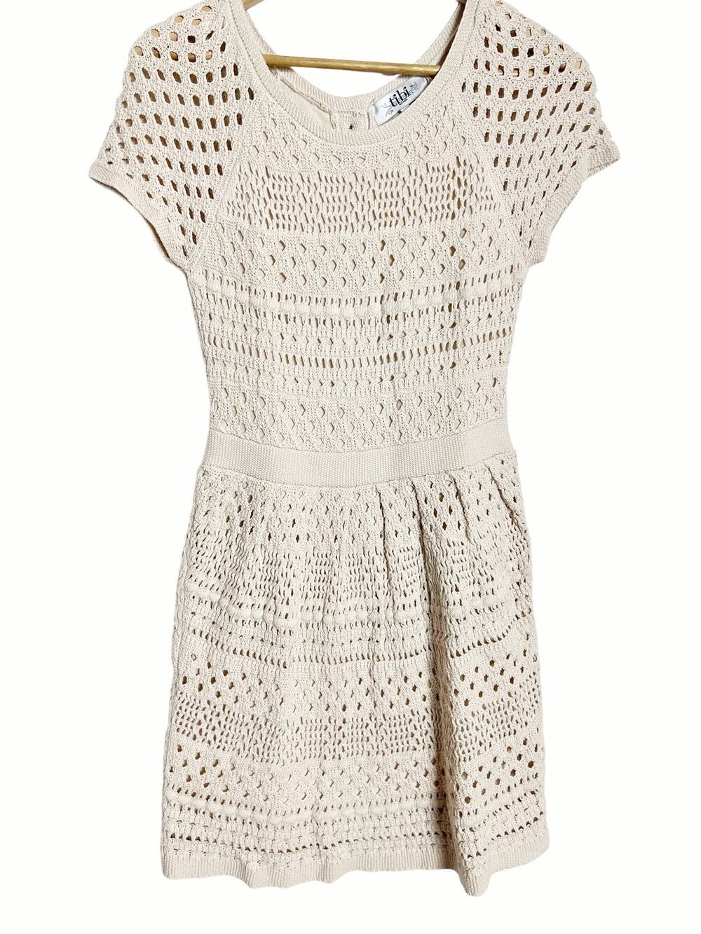 Tibi Beige Crochet Button Preppy Cottagecore A-Line Dress Size Small
